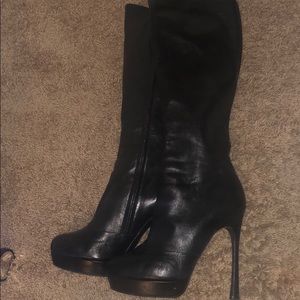 YSL black insulated fur black knee high boots